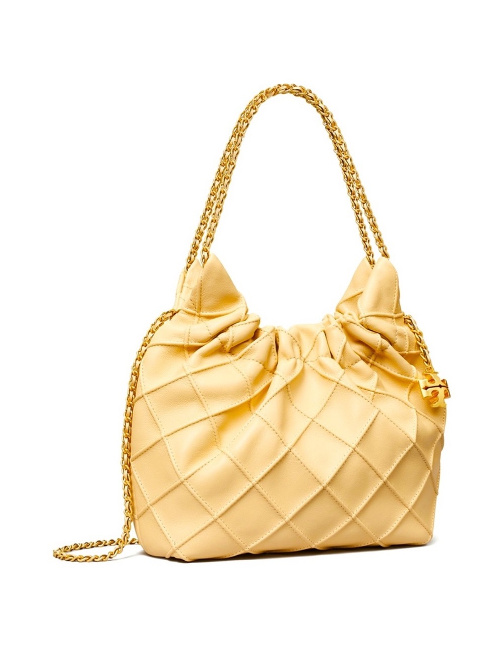 Tory Burch Fleming Mini Hobo Quilted Drawstring Leather Bag Vanilla Gold Chain